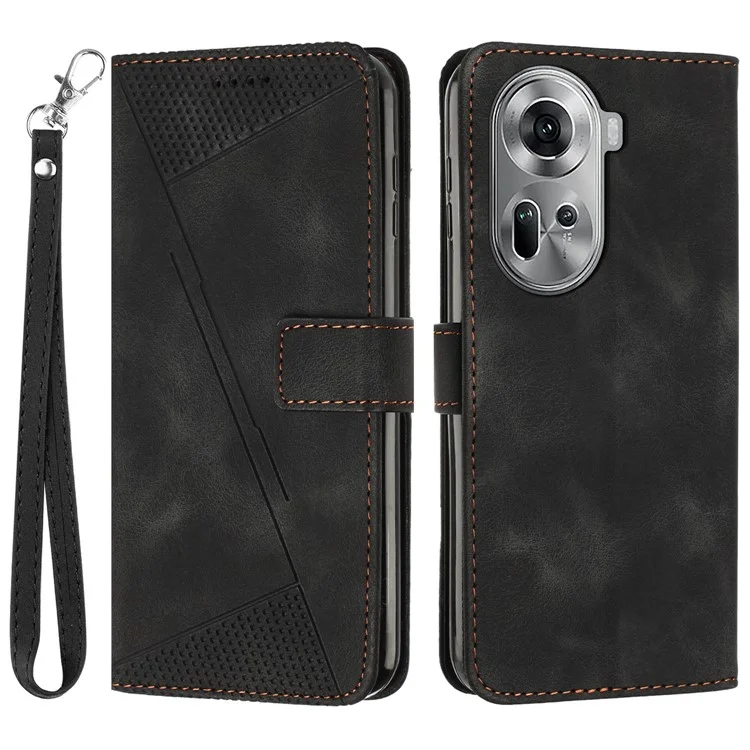 For Oppo Reno11 5G (Global) Wallet Phone Case Triangle Imprinted Leather Flip Cover - Black