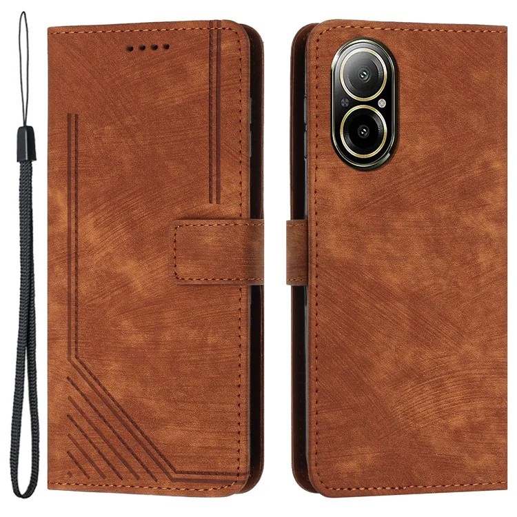 Para Realme C67 4G Leather Case Lines Imprinted Folding Stand Phone Cover - Marrom