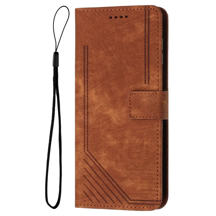 Para Realme C67 4G Leather Case Lines Imprinted Folding Stand Phone Cover - Marrom