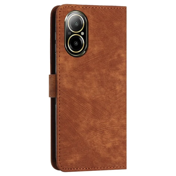 Para Realme C67 4G Leather Case Lines Imprinted Folding Stand Phone Cover - Marrom