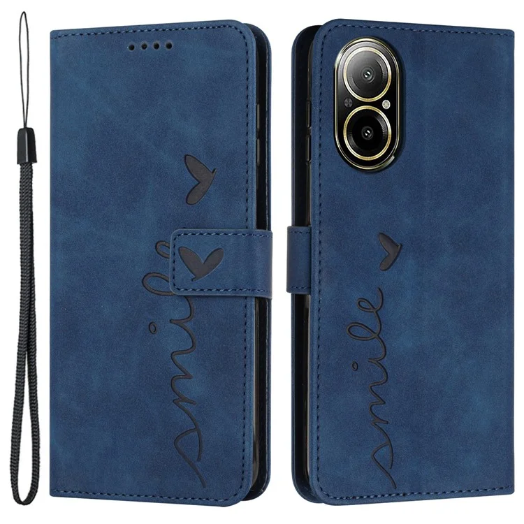 For Realme C67 4G Case with Strap Heart Imprinted PU Leather Phone Cover - Sapphire