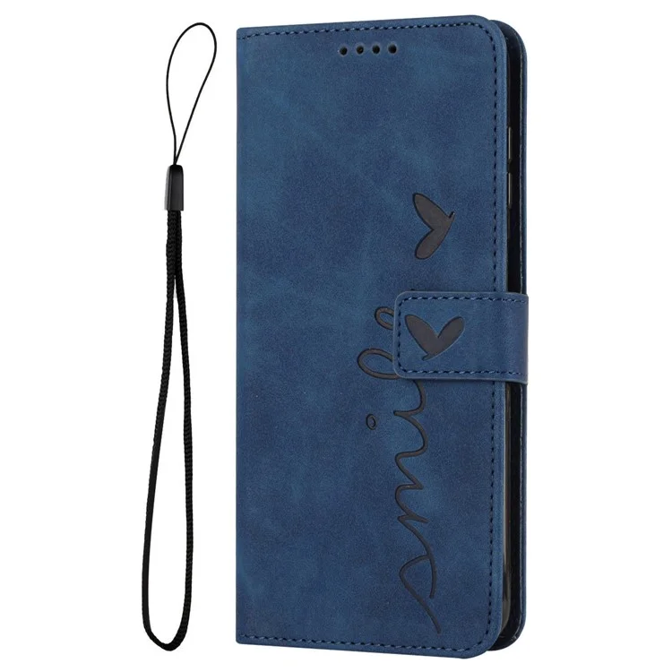 For Realme C67 4G Case with Strap Heart Imprinted PU Leather Phone Cover - Sapphire