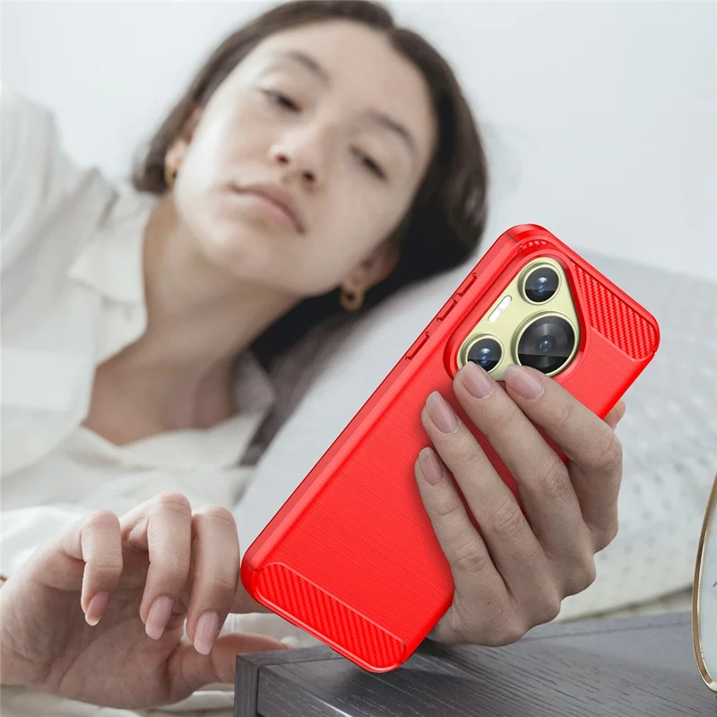 For Huawei Pura 70 Case Brushed TPU Phone Back Cover Carbon Fiber Texture - Red