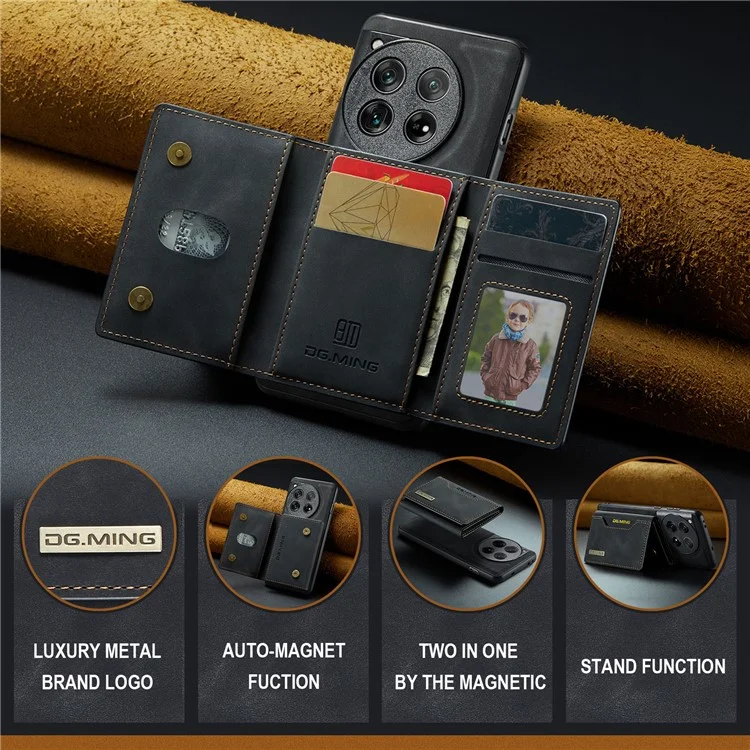DG.MING M2 Series for OnePlus 12 5G Kickstand Case Detachable Magnetic Wallet Phone Cover - Black