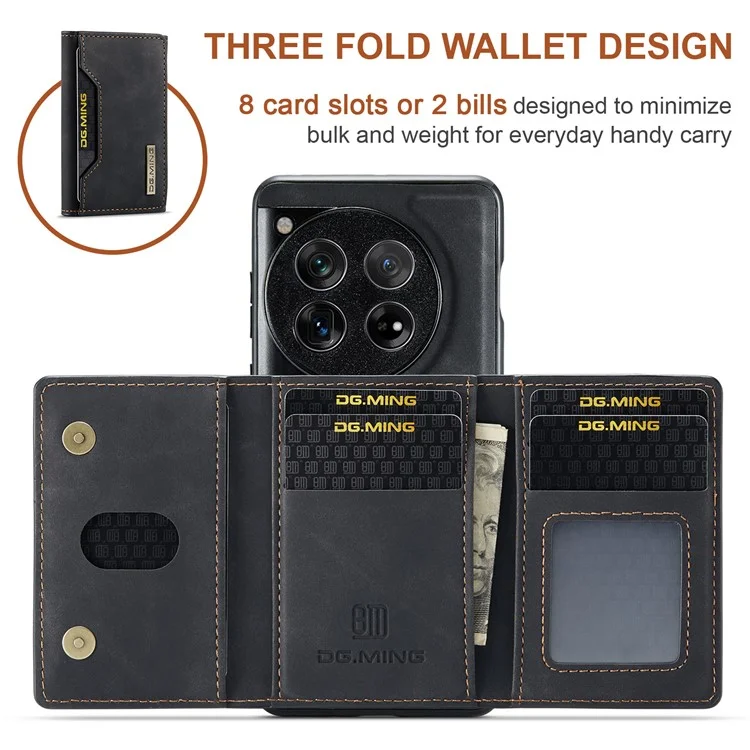 DG.MING M2 Series for OnePlus 12 5G Kickstand Case Detachable Magnetic Wallet Phone Cover - Black