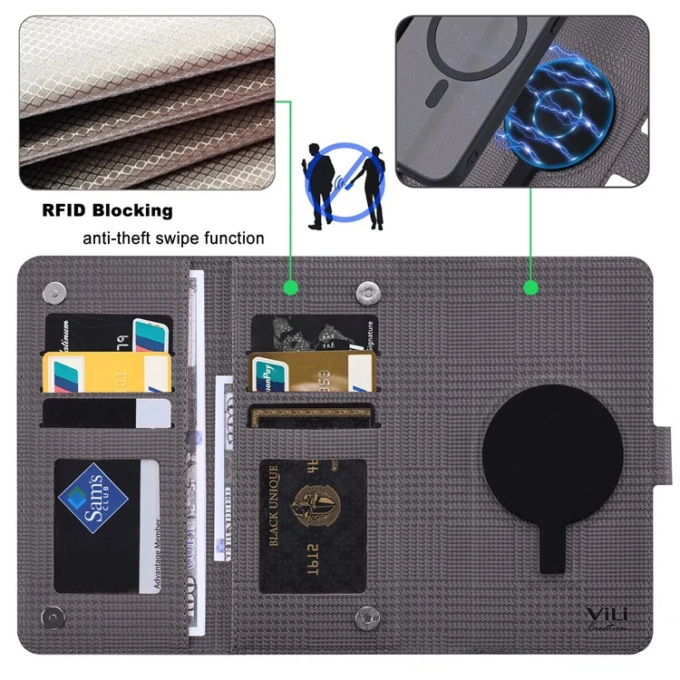 VILI GHA Series per iPhone 15 Pro Custodia RFID Blocking Card Holder Cover compatibile con MagSafe - Grigio
