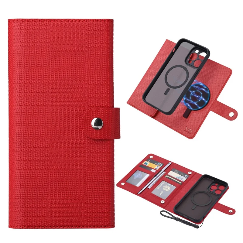 VILI GHA Series For iPhone 14 Pro Max Cell Phone Case RFID Blocking Wallet Cover Compatible with MagSafe - Red
