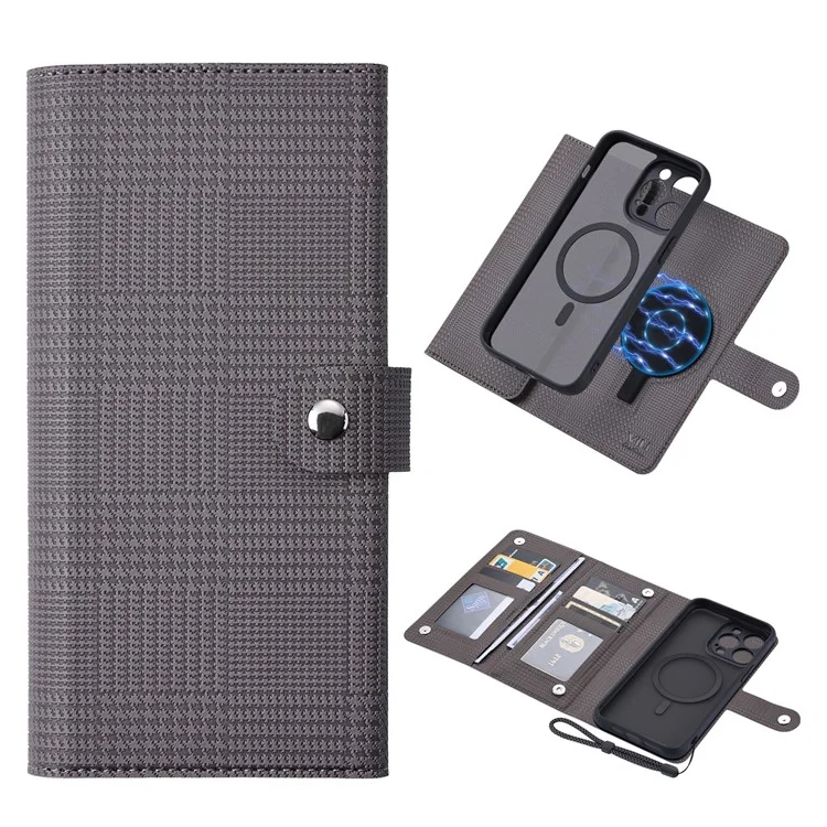 VILI GHA Series For iPhone 15 Pro Max Cell Phone Cases Wallet PU Leather+TPU+PC Cover Compatible with MagSafe - Gris