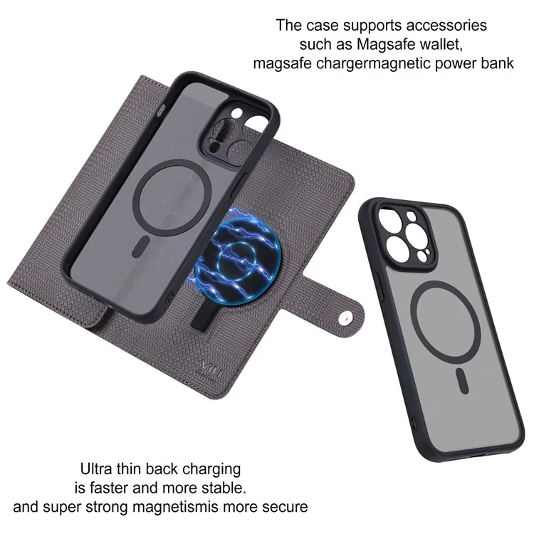 VILI GHA Series per iPhone 14 Pro Case compatibile con MagSafe Custodia per telefono con blocco RFID con cinturino da polso - Grigio