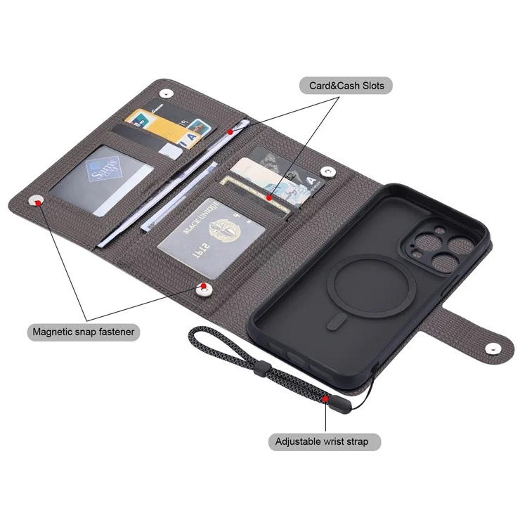 VILI GHA Series per iPhone 14 Pro Case compatibile con MagSafe Custodia per telefono con blocco RFID con cinturino da polso - Grigio