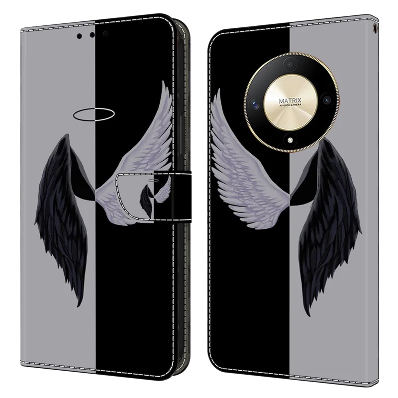 For Honor Magic6 Lite 5G / X9b 5G / X50 5G Case 3D Pattern PU Leather Wallet Flip Phone Cover - Black / White Wings