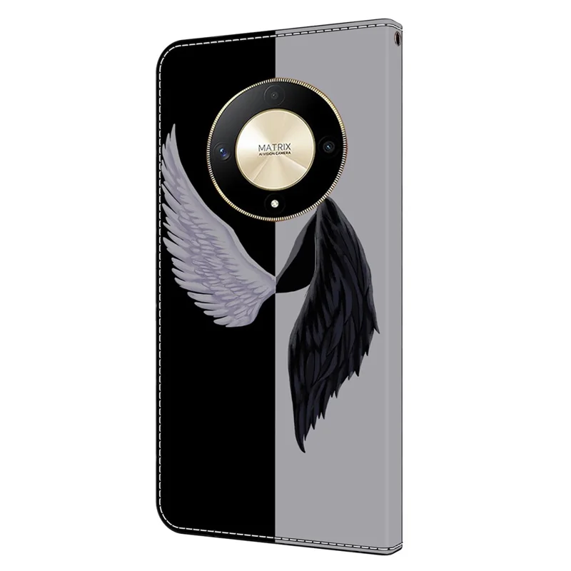 For Honor Magic6 Lite 5G / X9b 5G / X50 5G Case 3D Pattern PU Leather Wallet Flip Phone Cover - Black / White Wings