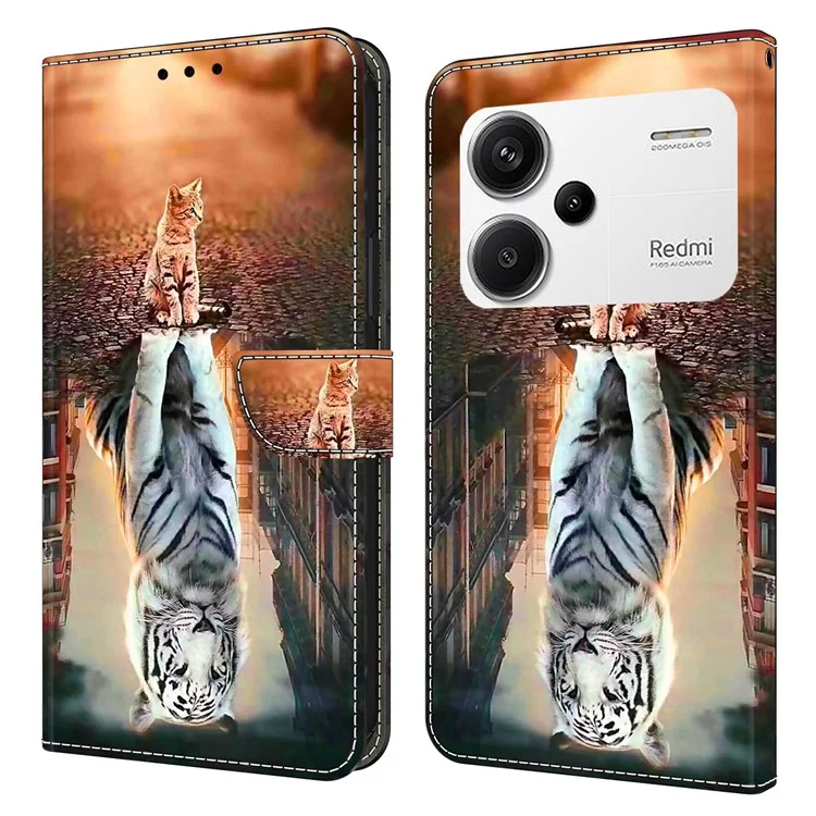 Para Xiaomi Redmi Note 13 Pro+ 5G Leather Case 3D Creative Pattern Design Flip Stand Phone Cover - Gato e Tigre
