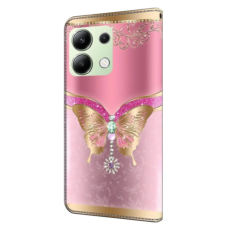 Per Xiaomi Redmi Note 13 4G Wallet Phone Case Anti-Fall 3D Pattern Printing Leather Flip Cover - Rosa / Farfalla d'oro
