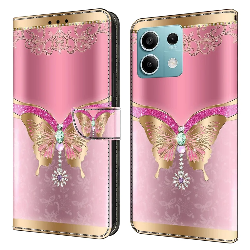 For Xiaomi Redmi Note 13 5G Anti-Drop Case 3D Pattern Printing Wallet Phone Cover - Pink / Gold Butterfly