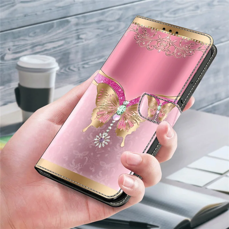 For Xiaomi Redmi Note 13 5G Anti-Drop Case 3D Pattern Printing Wallet Phone Cover - Pink / Gold Butterfly