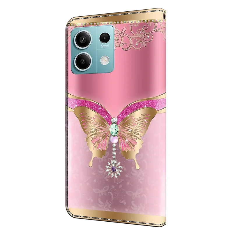 For Xiaomi Redmi Note 13 5G Anti-Drop Case 3D Pattern Printing Wallet Phone Cover - Pink / Gold Butterfly