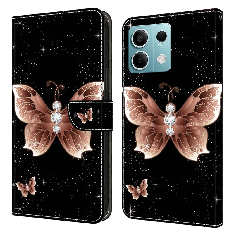 For Xiaomi Redmi Note 13 5G Anti-Drop Case 3D Pattern Printing Wallet Phone Cover - Pink Diamond Butterfly