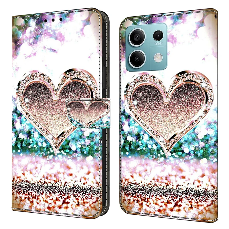 For Xiaomi Redmi Note 13 5G Anti-Drop Case 3D Pattern Printing Wallet Phone Cover - Pink Diamond Heart