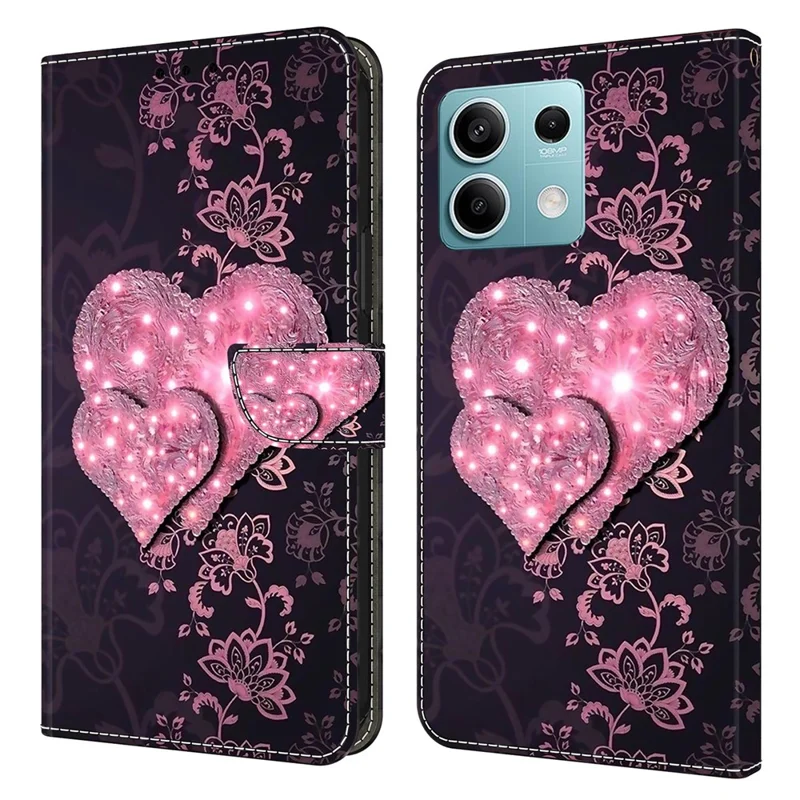 For Xiaomi Redmi Note 13 5G Anti-Drop Case 3D Pattern Printing Wallet Phone Cover - Lace Hearts