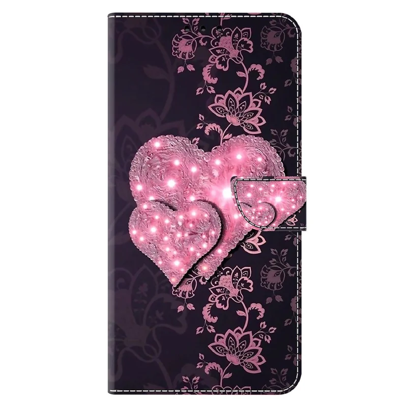 For Xiaomi Redmi Note 13 5G Anti-Drop Case 3D Pattern Printing Wallet Phone Cover - Lace Hearts