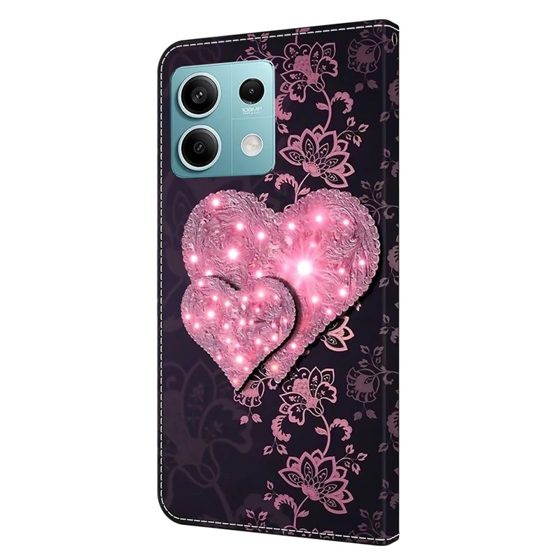 For Xiaomi Redmi Note 13 5G Anti-Drop Case 3D Pattern Printing Wallet Phone Cover - Lace Hearts