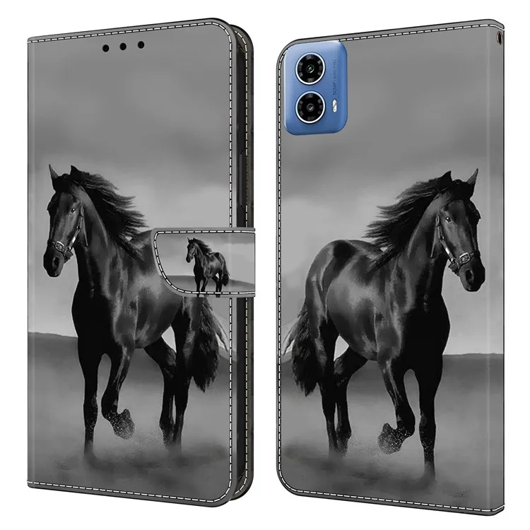 Für Motorola Moto G24 Power Hülle Brieftasche Ständer Telefon Lederhülle 3D-Musterbedruckung - Schwarzes Pferd