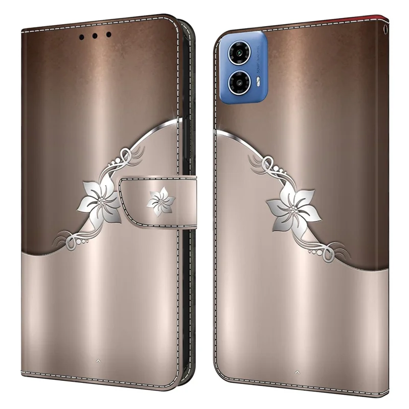 For Motorola Moto G24 Power Case Wallet Stand Phone Leather Cover 3D Pattern Printing - Silver Flower