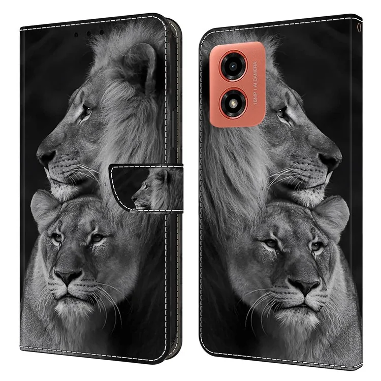 Para Motorola Moto E14 4G / G04 4G / G04s 4G / G24 4G Capa de Couro com Impressão de Padrão 3D Carteira Stand Cover - Casal de Leões