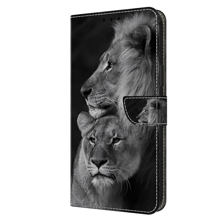 Para Motorola Moto E14 4G / G04 4G / G04s 4G / G24 4G Capa de Couro com Impressão de Padrão 3D Carteira Stand Cover - Casal de Leões