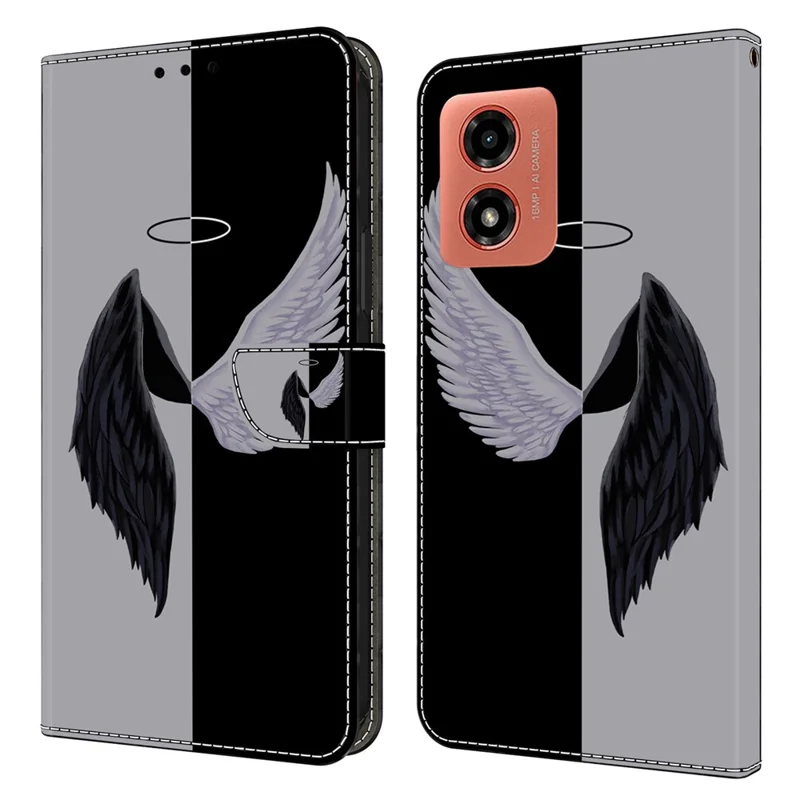 For Motorola Moto E14 4G / G04 4G / G04s 4G / G24 4G Leather Case 3D Pattern Printing Wallet Stand Cover - Black / White Wings