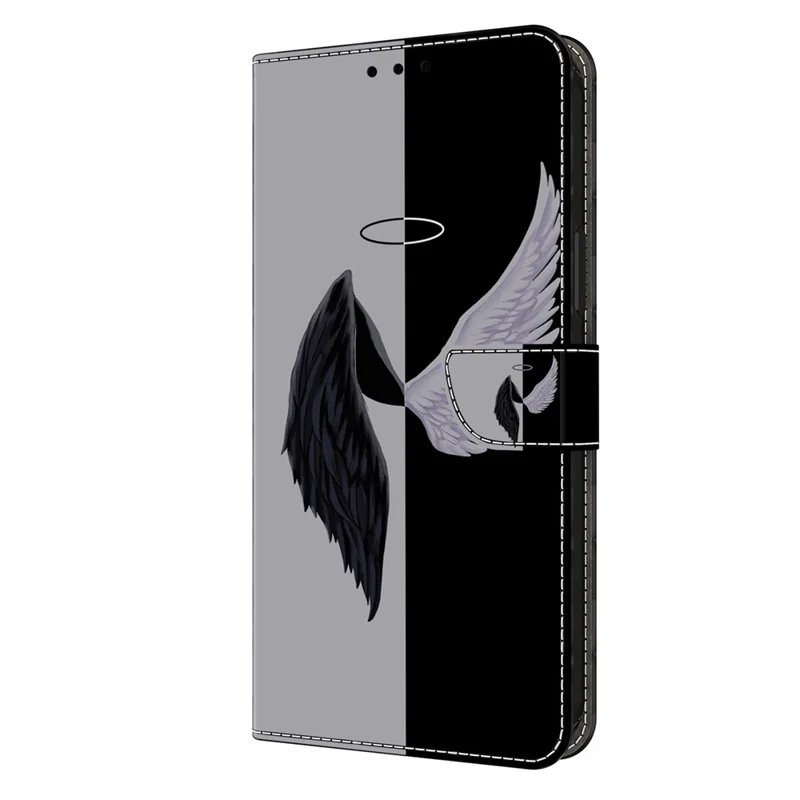 For Motorola Moto E14 4G / G04 4G / G04s 4G / G24 4G Leather Case 3D Pattern Printing Wallet Stand Cover - Black / White Wings