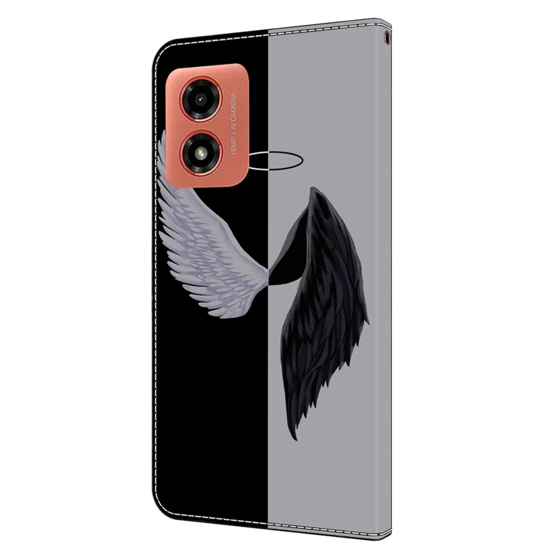 For Motorola Moto E14 4G / G04 4G / G04s 4G / G24 4G Leather Case 3D Pattern Printing Wallet Stand Cover - Black / White Wings