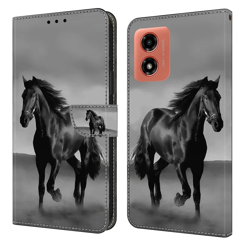 Para Motorola Moto E14 4G / G04 4G / G04s 4G / G24 4G Leather Case 3D Pattern Printing Wallet Stand Cover - Black Horse