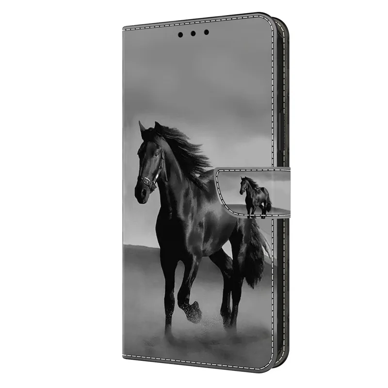 Para Motorola Moto E14 4G / G04 4G / G04s 4G / G24 4G Leather Case 3D Pattern Printing Wallet Stand Cover - Black Horse