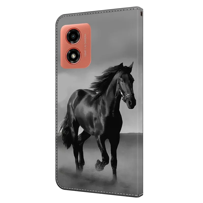 Para Motorola Moto E14 4G / G04 4G / G04s 4G / G24 4G Leather Case 3D Pattern Printing Wallet Stand Cover - Black Horse