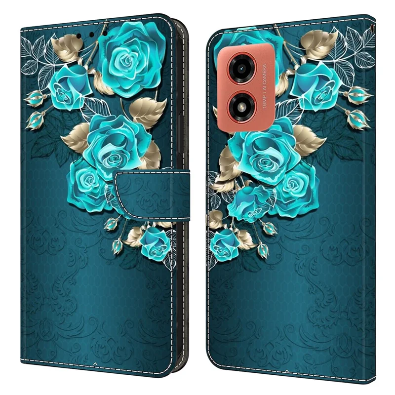 For Motorola Moto E14 4G / G04 4G / G04s 4G / G24 4G Leather Case 3D Pattern Printing Wallet Stand Cover - Blue Rose