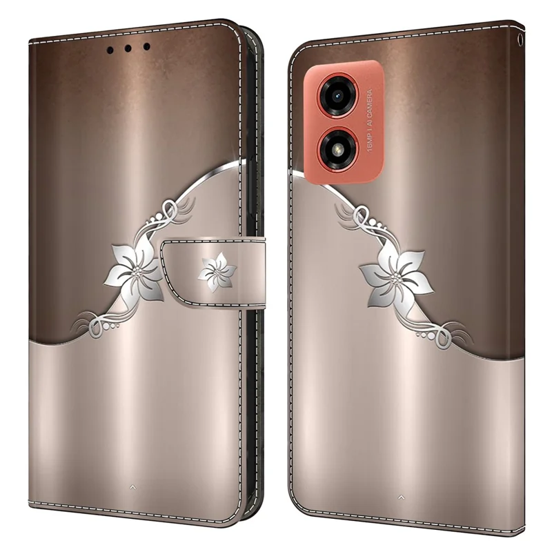 Til Motorola Moto E14 4G / G04 4G / G04s 4G / G24 4G Læderetui med 3D-mønstertryk, Wallet Ståetui - Sølvblomst
