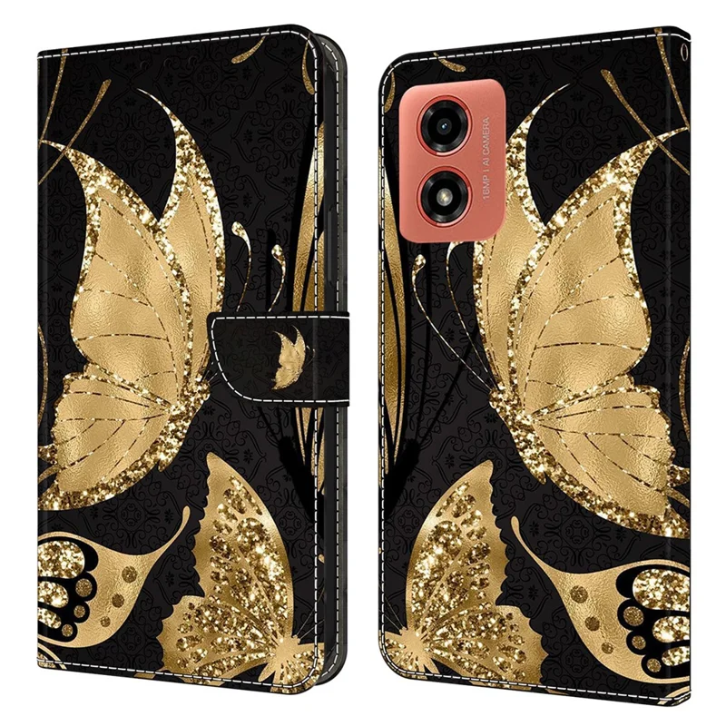 For Motorola Moto E14 4G / G04 4G / G04s 4G / G24 4G Leather Case 3D Pattern Printing Wallet Stand Cover - Golden Butterfly