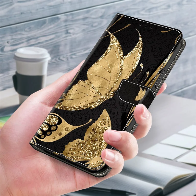 For Motorola Moto E14 4G / G04 4G / G04s 4G / G24 4G Leather Case 3D Pattern Printing Wallet Stand Cover - Golden Butterfly