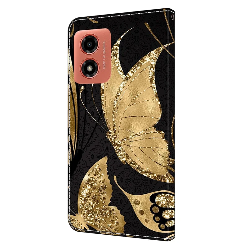 For Motorola Moto E14 4G / G04 4G / G04s 4G / G24 4G Leather Case 3D Pattern Printing Wallet Stand Cover - Golden Butterfly