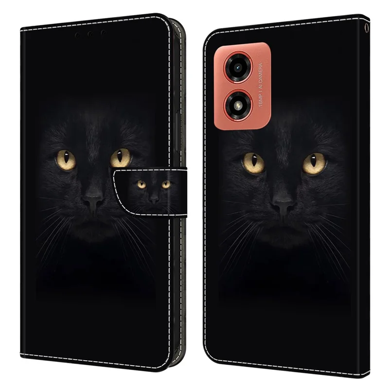 For Motorola Moto E14 4G / G04 4G / G04s 4G / G24 4G Leather Case 3D Pattern Printing Wallet Stand Cover - Black Cat