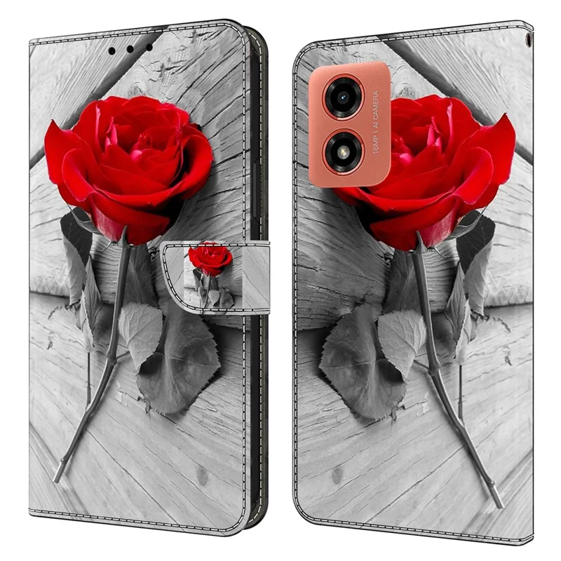 For Motorola Moto E14 4G / G04 4G / G04s 4G / G24 4G Leather Case 3D Pattern Printing Wallet Stand Cover - Rose