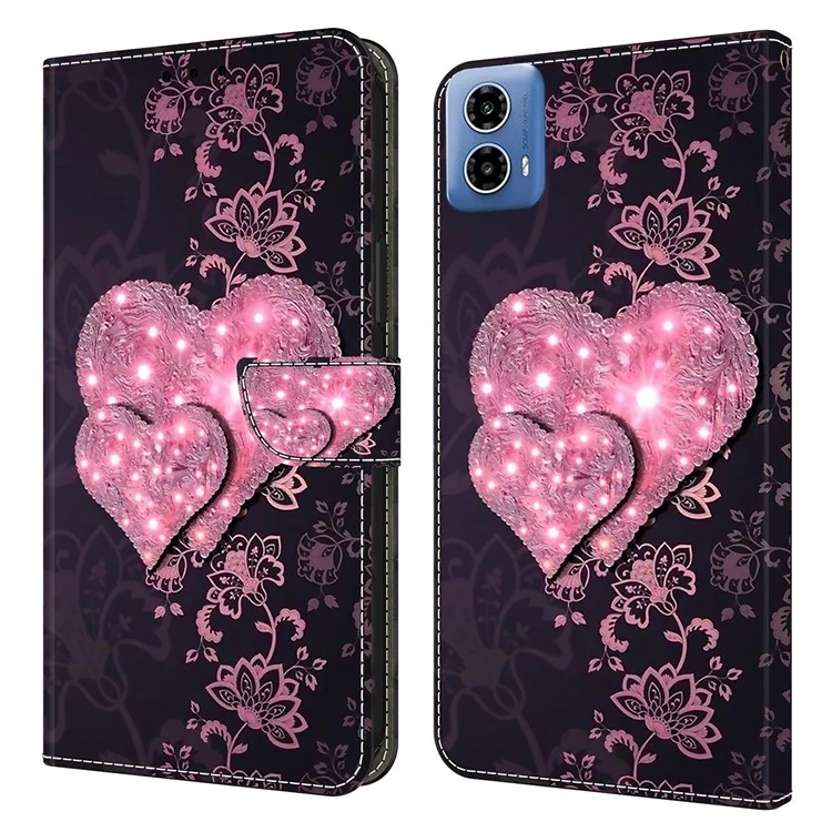 Para Motorola Moto G24 Power Capa de Carteira de Couro com Suporte e Impressão em Padrão 3D - Coração de Renda