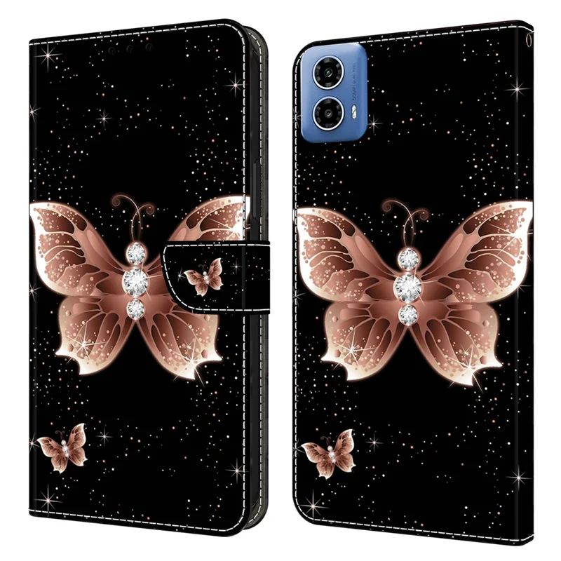 For Motorola Moto G24 Power Leather Stand Cover 3D Pattern Printing Wallet Phone Case - Pink Diamond Butterfly