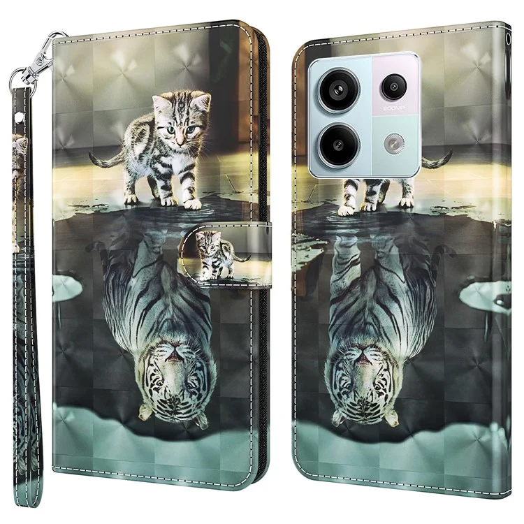 For Xiaomi Redmi Note 13 Pro 5G / Poco X6 5G Case with Hand Strap 3D Pattern Printing Leather Phone Cover - Cat and Tiger