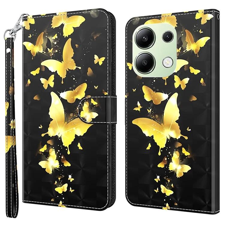 Pour Xiaomi Redmi Note 13 4G Étui de téléphone Cas d'impression 3D en cuir Flip Cover avec sangle de main - Papillons dorés