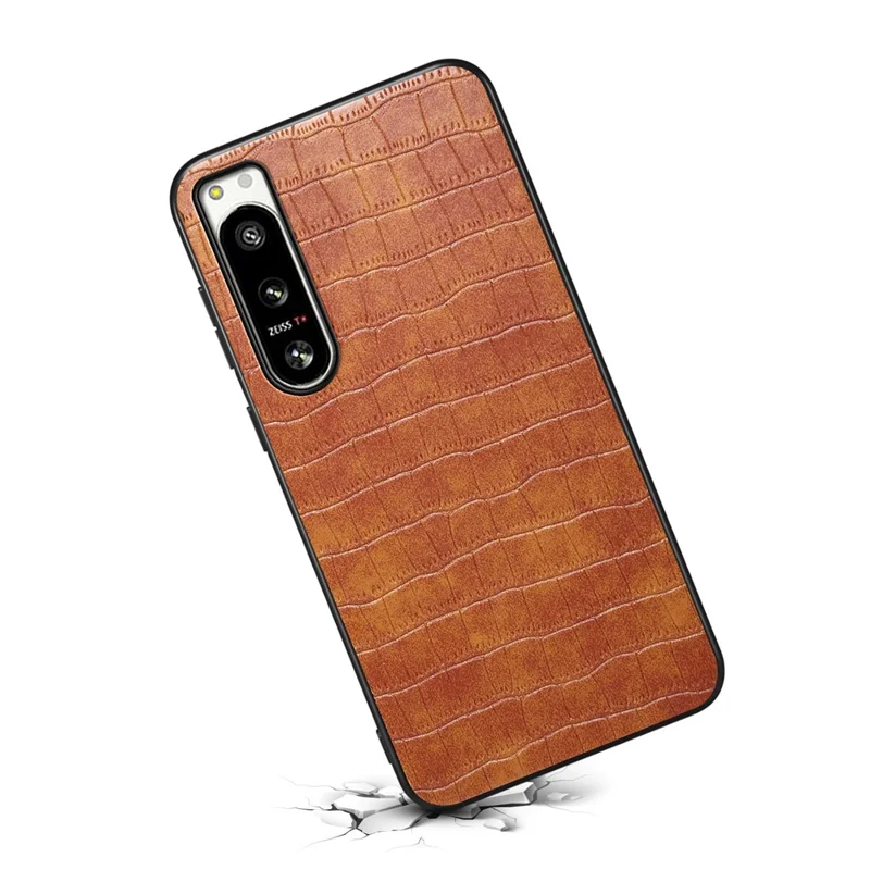 For Sony Xperia 5 IV 5G Case Crocodile Texture Leather Anti-Scratch Back Cover - Brown