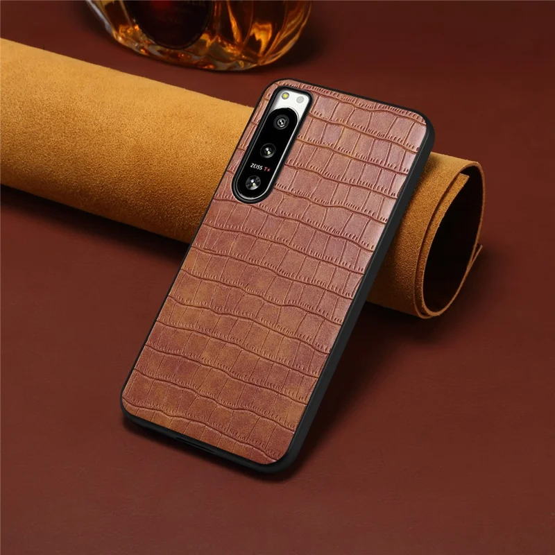 For Sony Xperia 5 IV 5G Case Crocodile Texture Leather Anti-Scratch Back Cover - Brown