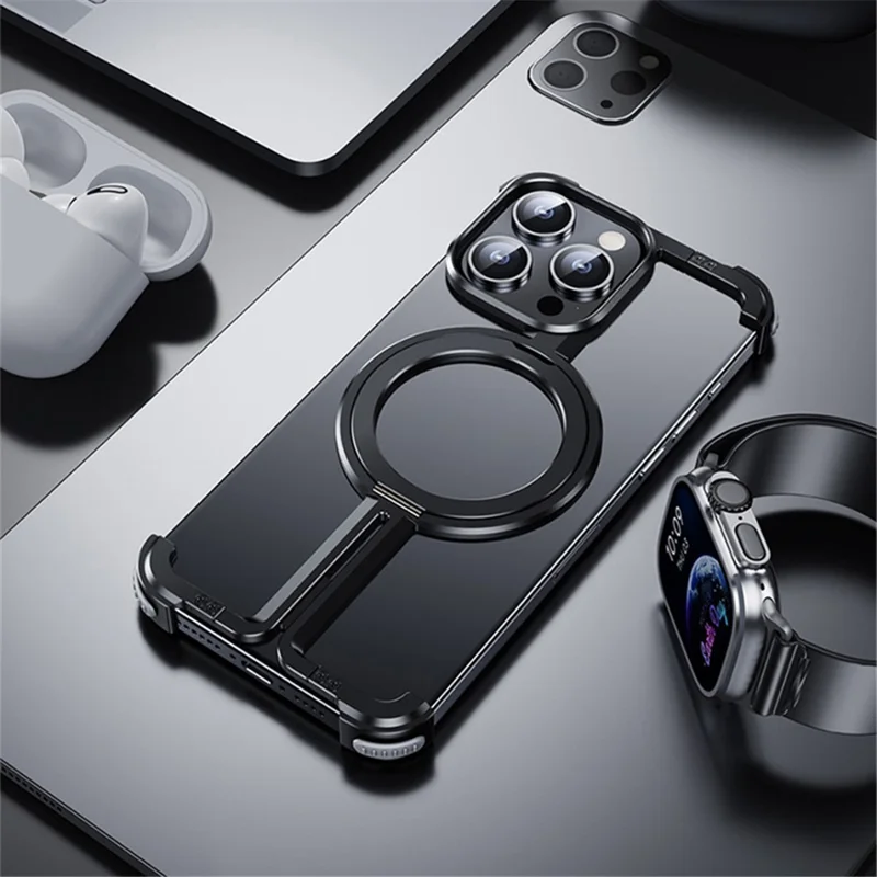 For iPhone 14 Pro Aluminum Alloy + TPU Case Kickstand Frameless Phone Cover Compatible with MagSafe - Black